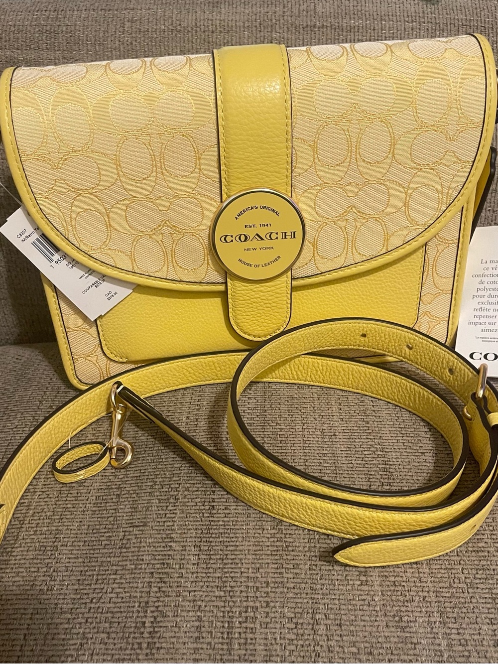 COACH Yellow Signature Jacquard Crossbody with Leather Trim